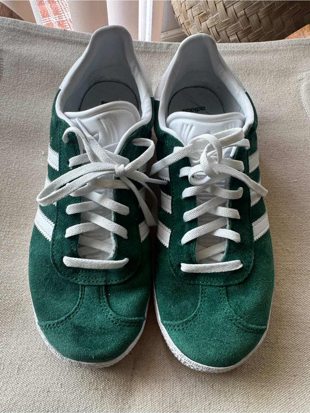 adidas Green Suede Sneakers with White Stripes and Laces